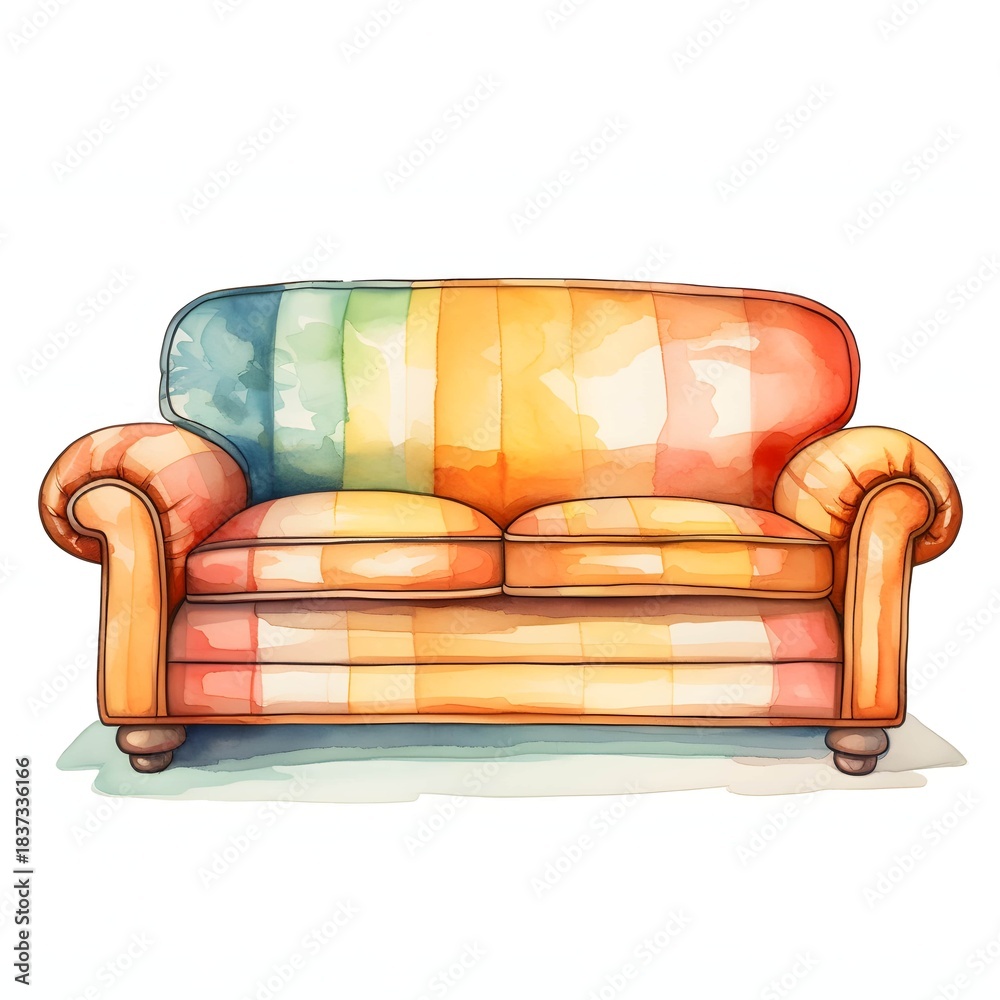 Fototapeta premium Rainbow watercolor couch adds a cheerful touch to any interior design project