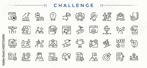 Challenge icon. Outline icons pack. Contain linear symbols achievement, success, target, strategy, difficulty, work. Editable stroke. Vector collection. Exam linear icon collection.