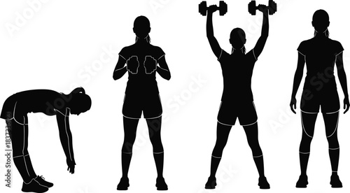Female fitness silhouette set strength training workout exercise dumbbells gym body movement illustration isolated