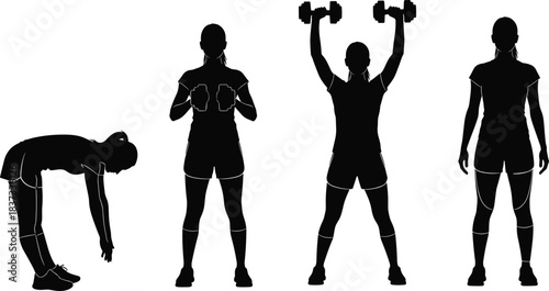 Fitness woman silhouette set strength training workout exercise dumbbell body workout illustration isolated