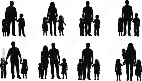 Family silhouette collection parents with children happy together parenting love childhood care relationship isolated illustration