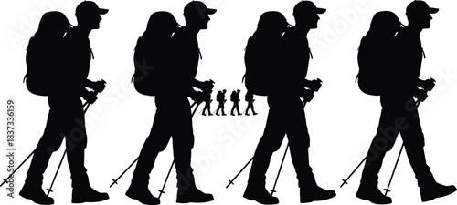 Hiking backpacker silhouette set trekking adventure outdoor travel explorer mountain walking illustration isolated