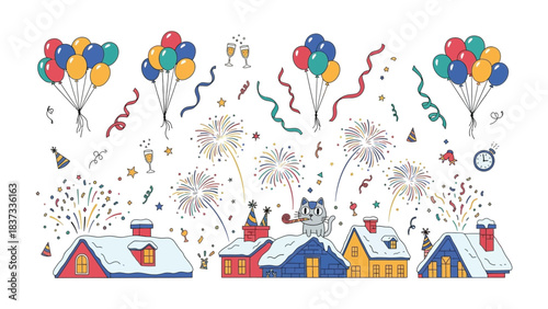 Festive Celebration Illustration: Whimsical illustrations capture the essence of a joyous celebration, with colorful balloons, fireworks, confetti.