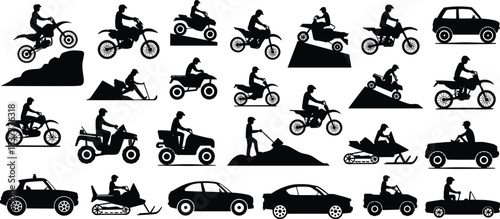 Silhouettes of Off-Road Vehicles and Outdoor Activities Featuring Motorcycles, ATVs, Snowmobiles, and Terrain Interaction for Adventure and Recreational Design