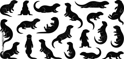 A collection of diverse river otter and sea otter silhouettes showing playful, dynamic, and realistic poses, ideal for nature, wildlife, or aquatic mascot design assets and icon sets.