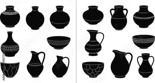 Ancient Pottery Silhouette Comparison Set Featuring Decorative Vases, Bowls, and Jugs for Archaeology, History, and Cultural Design Projects