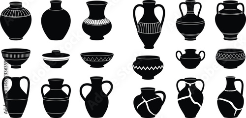 Ancient Pottery Silhouettes Featuring Amphorae, Bowls, and Jars with Decorative Patterns and Reconstructed Vessel Design