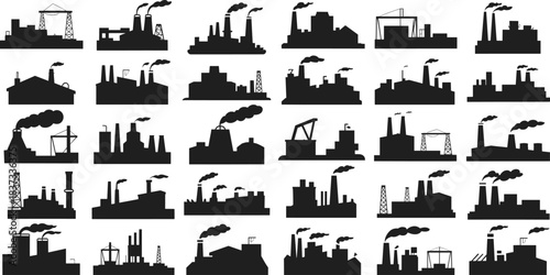 Building Silhouettes Including Factories, Oil Rigs, and Cranes for Urban Planning, Manufacturing, and Environmental Design Themes