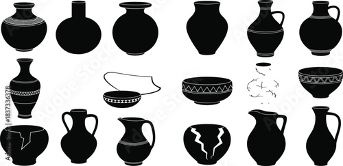 Collection of antique pottery silhouettes featuring vases, bowls, jugs, cracked ceramics, and traditional clay vessels for historical design, illustration, and creative projects