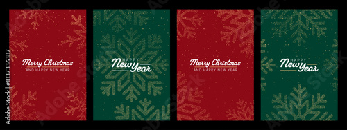 Christmas and New Year greeting card collection with golden glitter snowflake design. Holiday season invitation or social media story template.