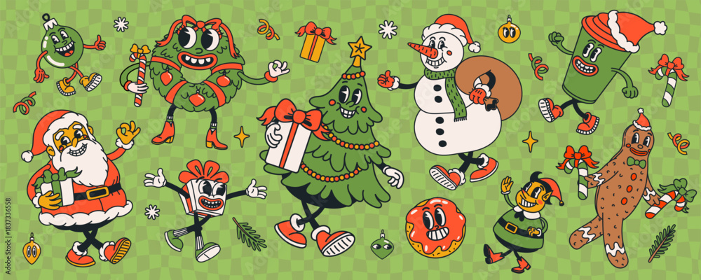 Obraz premium Christmas character set with groovy cartoon characters and festive icons on a green checkered background. Christmas character vector illustration. Great for stickers, posters, cards, wrapping and