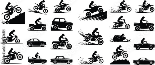 Collection of off-road vehicle silhouettes featuring dirt bikes, ATVs, cars, snowmobiles, and riders in dynamic action poses for adventure design and illustration projects