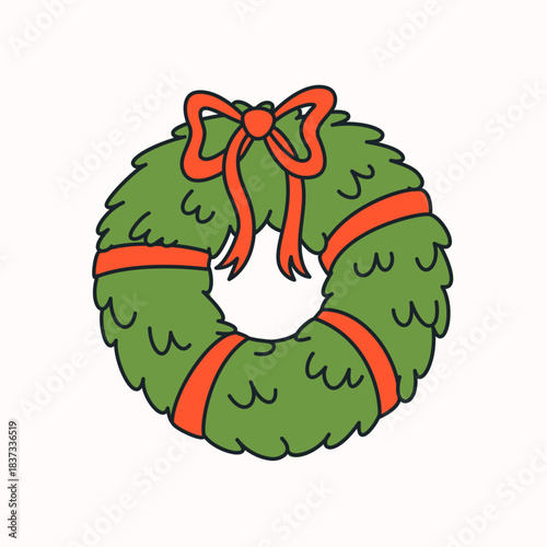 Christmas wreath with a red bow and ribbon in a simple retro cartoon style on...