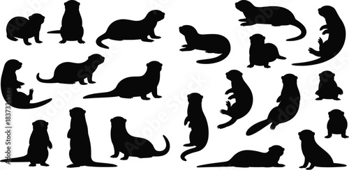 Collection of playful otter silhouettes in various poses for wildlife design, nature illustrations, animal art references, and creative stock projects