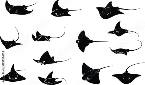 Collection of stingray and manta ray silhouettes featuring various swimming poses and marine wildlife forms for ocean illustration, aquatic design, education, and creative projects