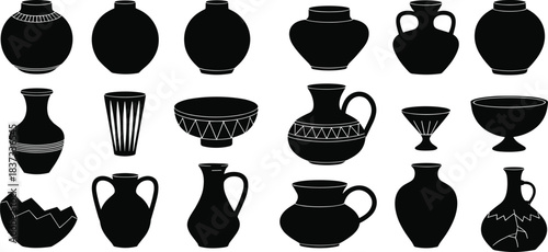 decorative pottery silhouettes featuring vases, bowls, jugs, cracked ceramics, and traditional clay vessels for vintage design, illustration, and creative projects