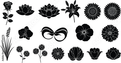 Botanical Silhouette Icon Set – Roses, Lilies, Sunflowers, Orchids, and Grass in Black Floral Vector Collection