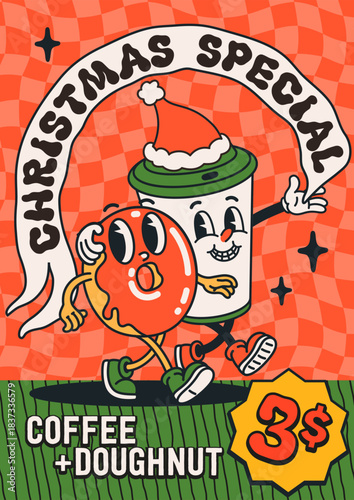Retro Christmas special poster with groovy coffee cup and doughnut character ...