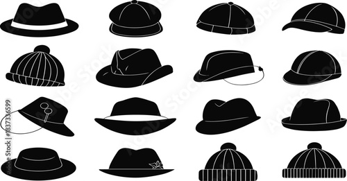 Featuring Diverse Styles Including Fedoras, Beanies, Caps, and Wide-Brimmed Designs for Fashion and Illustration