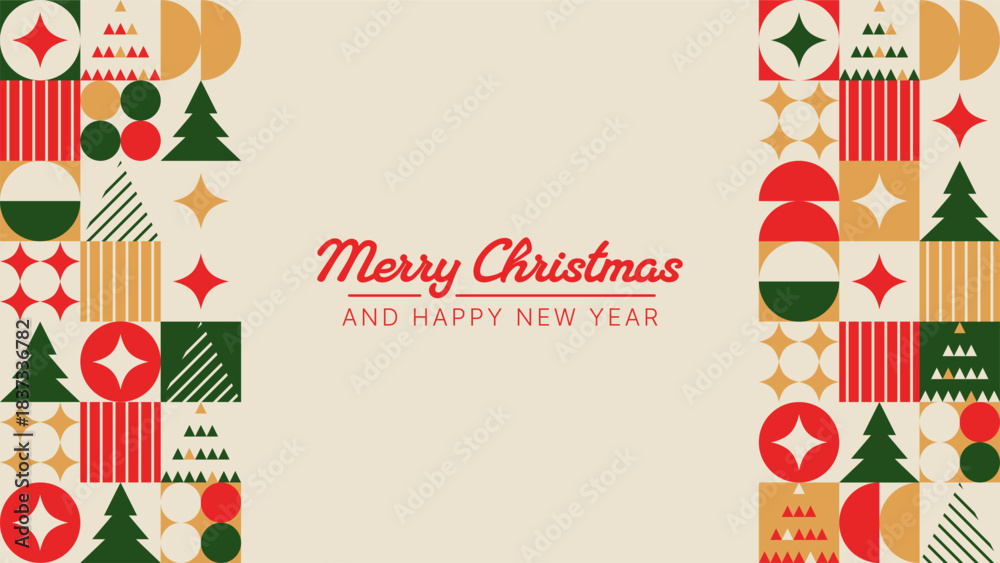 Fototapeta premium Abstract Christmas and Happy New Year greeting card with geometric shapes and festive patterns. Modern holiday vector design for banner.