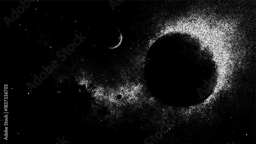 Cosmic background with shining dust particles, dark planet, and crescent moon in space. Abstract galaxy art for universe exploration.