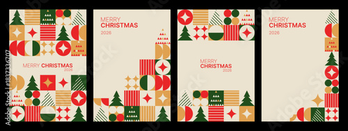 Set of festive geometric Christmas pattern greeting card for Merry Christmas holiday in modern abstract vector design for celebration.