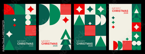 Set of Merry Christmas abstract geometric vector poster. Festive holiday season design with minimalist shapes for greeting card or banner.