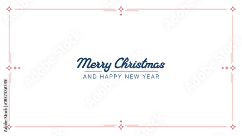 Merry Christmas and Happy New Year greeting with decorative thin line frame border. Minimalist design for holiday card or banner.