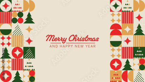 Abstract Christmas and Happy New Year greeting card with geometric shapes and festive patterns. Modern holiday vector design for banner.
