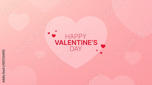 Happy Valentines Day text on a large heart with smaller hearts and striped pink background. Love and romance concept for greeting card.