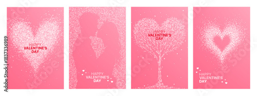 Happy Valentines Day greeting card set with abstract heart shapes, a couple silhouette, and a heart-shaped tree on pink for romance