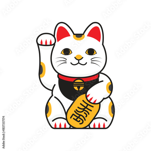 White and Red Maneki Neko Lucky Cat Vector holding Gold Coin