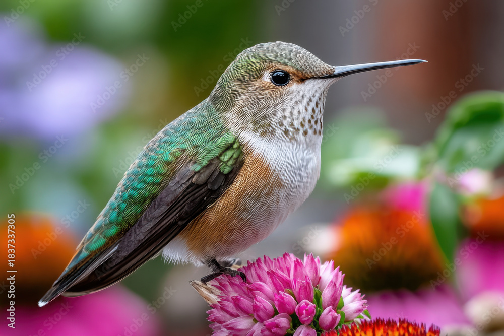 Obraz premium Hummingbird perched on pink flower with colorful blurred background