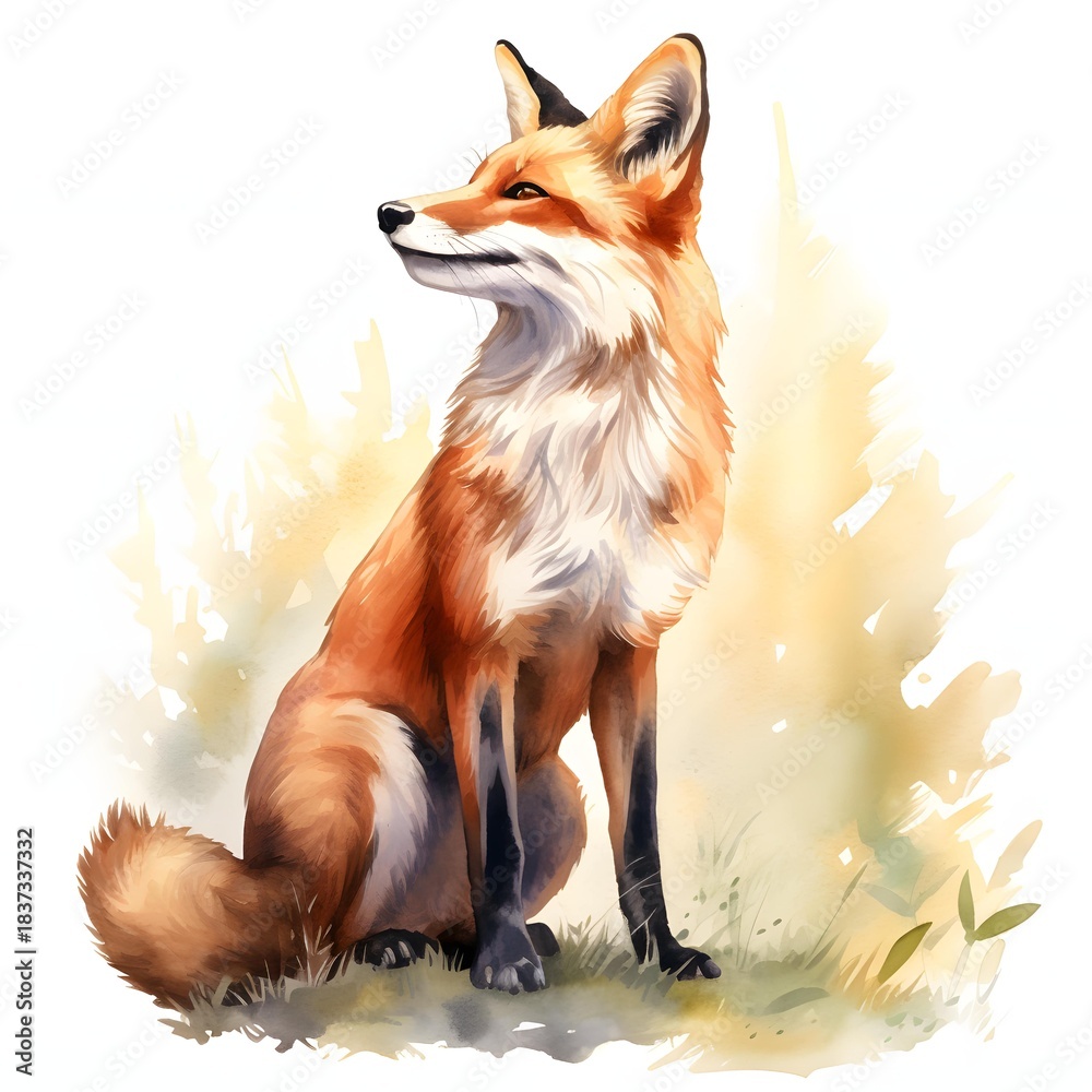 Obraz premium Watercolor illustration of a fox sitting in a grassy field looking into the distance