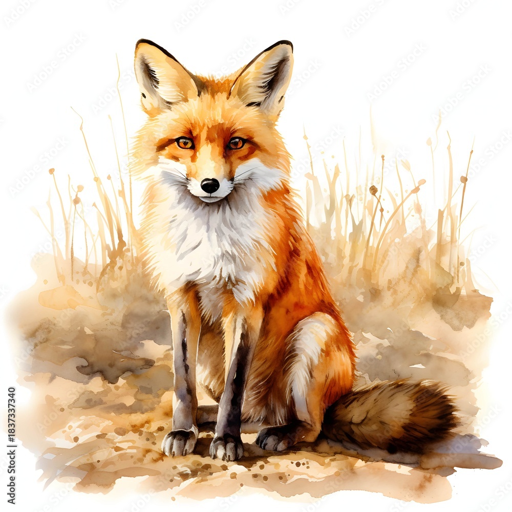 Obraz premium Watercolor painting of a fox sitting in a field of tall grass