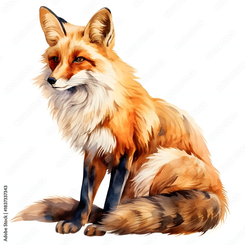 Obraz premium Watercolor illustration of a red fox sitting with its tail curled around its feet on a white background