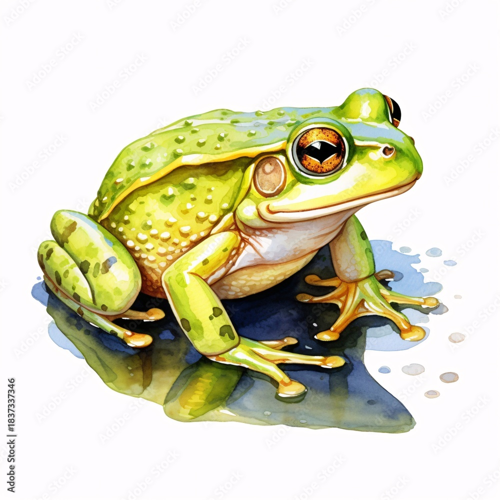 Obraz premium Watercolor painting of a green tree frog sitting in a puddle of water