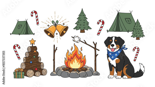 Campfire and Dog: A joyful scene of camping and festive elements comes together with a Bernese mountain dog, creating a warm, inviting atmosphere filled with cheer.