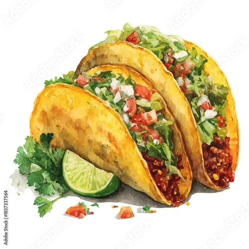 Tacos, watercolor illustration, vector style, isolated on a white background.
