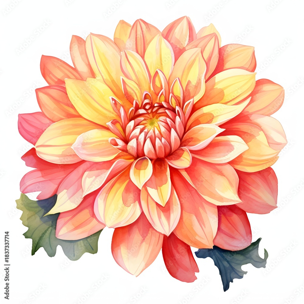 Fototapeta premium Watercolor illustration of a single dahlia flower with green leaves on a white backdrop