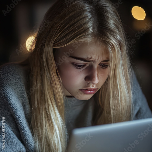 Emotional portrait of young girl affected by cyberbullying