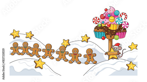 Gingerbread Parade and a Festive Delight: A charming illustration depicts a procession of gingerbread figures happily moving along a snowy landscape.