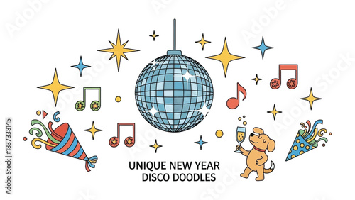 New Year Disco Doodle: Artistic array of festive doodles encapsulates the spirited charm of New Year's celebrations, each design element, a testament to joyful moments and new beginnings.