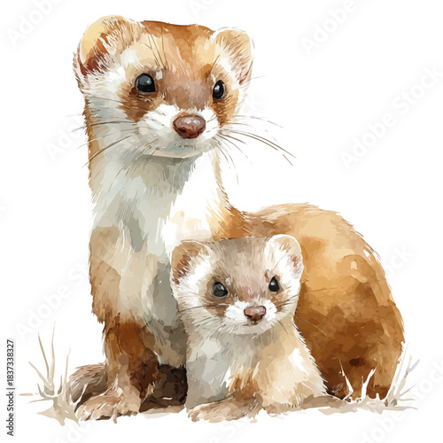 Weasel With Its Baby in watercolor style, vector illustration, isolated on white background.