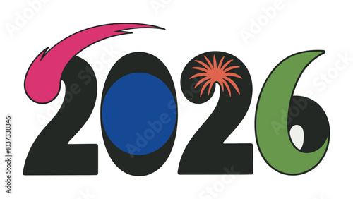 Year 2026 Typography: A dynamic, colorful graphic celebrates the upcoming year, featuring a retro design that evokes a sense of anticipation and optimism.