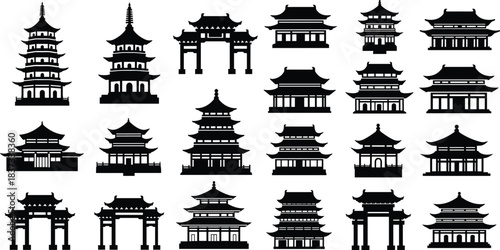 Chinese architecture silhouette, traditional pagoda, temple icons, East Asian design, cultural heritage, vector illustration, black shape, historic buildings
