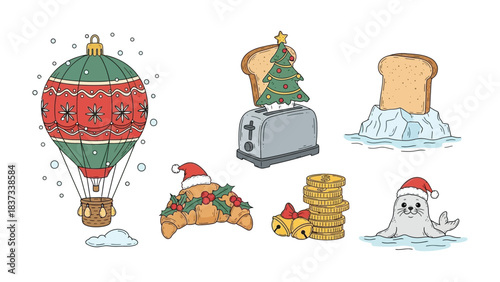 Holiday Delights Collection: A whimsical assortment of festive elements, featuring a decorated hot air balloon, a toaster with a bread-shaped Christmas tree, a seal balancing on an iceberg.