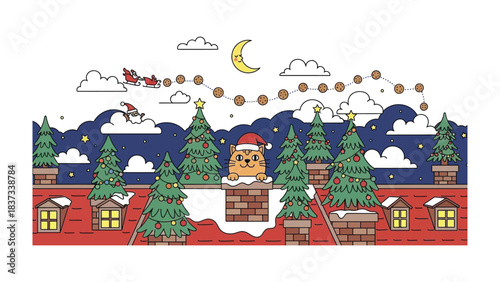 Holiday Cheer: A whimsical illustration captures a festive Christmas scene, featuring a jolly character adorned with a Santa hat peering from a chimney, amidst charming rooftop decorations.
