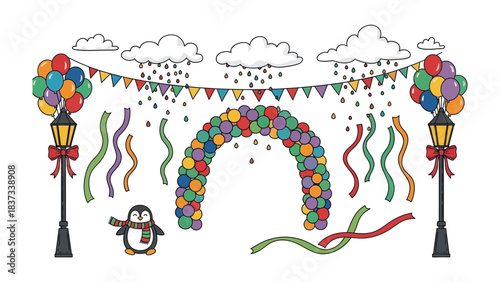 Festive Celebration: A cheerful gathering adorned with colorful balloons, bunting, and decorative elements create a playful scene. Celebrating joyful spirit and occasion.