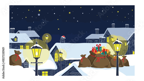Night Before Christmas: The tranquil night before Christmas in a picturesque town, snow-dusted rooftops and cozy homes await the arrival of the festive season. A joyous scene with a promise of gifts.